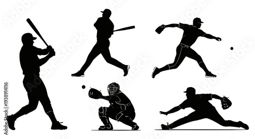 Baseball Players in Various Action Poses Silhouette.