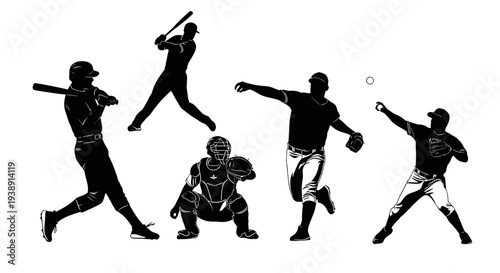 Baseball Players in Various Action Poses.
