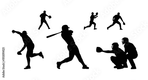 Baseball Players Silhouettes in Action Poses.