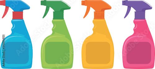 Minimalist Flat Design Vector of Household Cleaning Bottles, Detergents, and Sprays for Domestic Use and Housekeeping