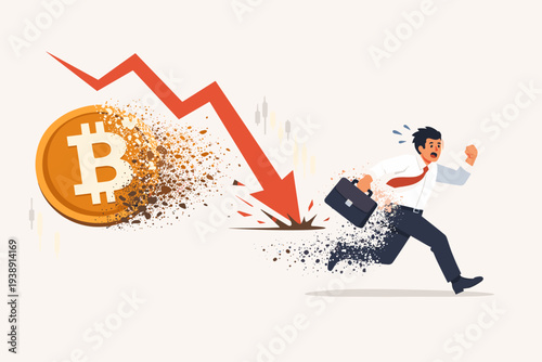 Bitcoin Price Falling Down with Red Arrow and Investor Running Away in Panic as Crypto Value Dissolves into Dust, Concept of Financial Loss, Market Crash, and Cryptocurrency Volatility Illustration