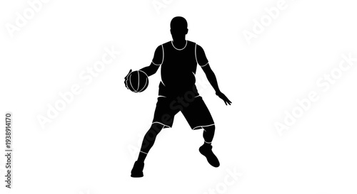 Basketball Player Silhouette Dribbling Ball Isolated.