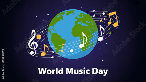 Vibrant world music day illustration of earth with musical notes on dark blue background