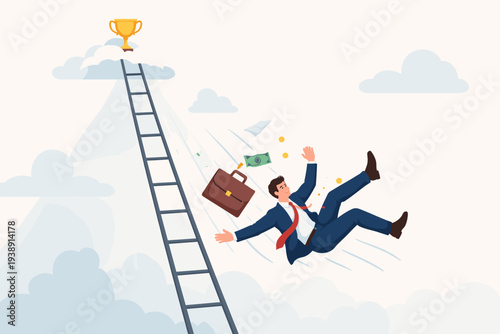 Business Failure Concept with Businessman Falling from Ladder of Success, Career Setback, Financial Loss, Bankruptcy, Risk, and Corporate Crisis Illustration with Trophy and Clouds.