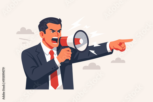 Angry Businessman or CEO Shouting into a Megaphone and Pointing Finger, Concept of Leadership, Management, Authority, Corporate Conflict, and Loud Communication, Flat Vector Illustration Design.