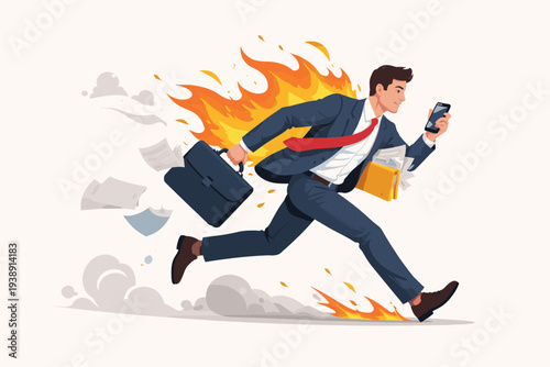 Stressed businessman in a suit running fast with fire trail, carrying briefcase and phone, symbolizing work deadline, urgent business tasks, professional burnout, and fast-paced career life.