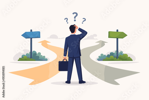 Confused businessman standing at a crossroads making a difficult decision between two career paths or business directions, choosing the right way for future growth and success, concept of choice and