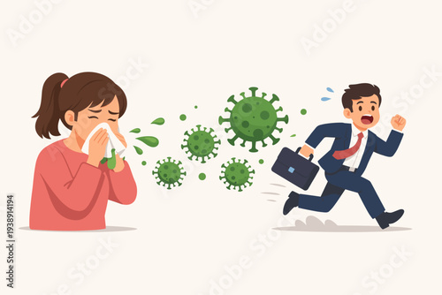 Sick Woman Sneezing and Spreading Virus Particles Towards a Scared Businessman Running Away, Concept of COVID-19 Coronavirus Outbreak, Flu Infection, Pandemic and Social Distancing Illustration