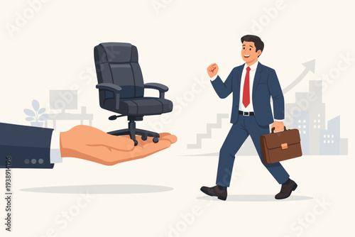 Happy Businessman Walking Towards a Giant Hand Offering an Office Chair Symbolizing Career Advancement, Job Promotion, Executive Opportunity, Corporate Success, and Professional Growth.