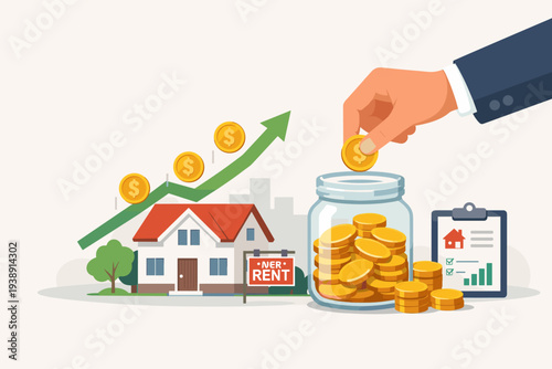 Real estate investment and rental profit concept with hand putting gold coin in jar near a house for rent. Upward growth arrow, ROI, mortgage, property market, and financial savings for home.