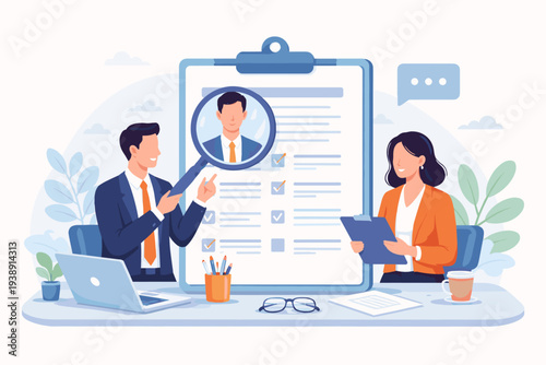 Recruitment and HR team reviewing candidate resume for job hiring. Talent seeker examining applicant profile with magnifying glass. Human resource management and employee selection process concept.