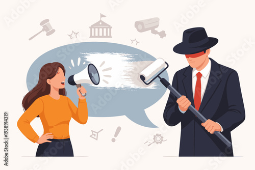 Censorship and Freedom of Speech Concept with Woman Speaking into Megaphone and Government Official Silencing Her with Paint Roller, Suppressing Truth, Opinion, and Human Rights Activism