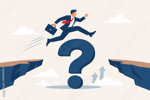 Businessman in suit jumping over a giant question mark gap between cliffs, symbolizing a solution to complex business problems, finding answers to hard questions, and ambition to overcome obstacles.