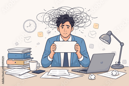Overwhelmed businessman at messy office desk with laptop and files, feeling burnout and stress, holding a blank sign for help and support, mental health concept vector illustration of work pressure.