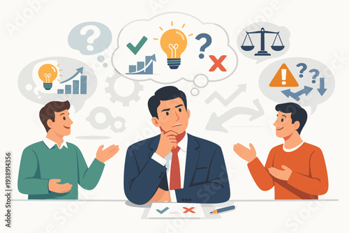 Businessman Considering Second Opinion and Advice for Decision Making, Logical Thinking with Ideas, Strategy Planning, Problem Solving, and Brainstorming Session with Colleagues Illustration