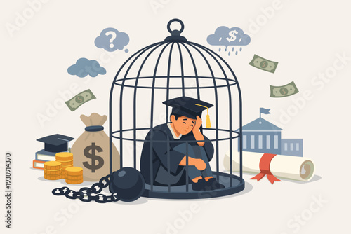 Sad Graduate Student Trapped in a Birdcage with Ball and Chain Representing the Heavy Burden of Student Loan Debt, Financial Stress, and the High Cost of University Education and Tuition Fees.