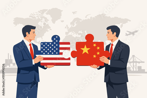 Businessmen Holding USA and China Flag Puzzle Pieces for Trade Negotiation and Global Cooperation, Concept of International Relations, Economic Partnership, and Diplomacy Between World Powers.