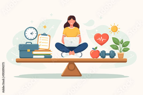 Work Life Balance Concept Illustration with a Woman Sitting on a Seesaw Balancing Career and Health. Icons of Briefcase, Clock, Books, Heart, Apple, and Dumbbell Representing Harmony and Success.