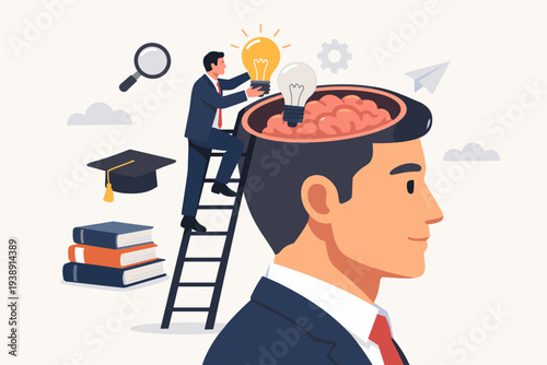 Knowledge and wisdom concept with businessman climbing ladder to put lightbulb idea into human brain, education, intelligence, and creativity for business success flat vector illustration.