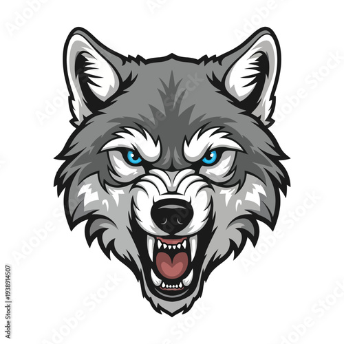 Illustration of a snarling wolf's head with blue eyes on a white background