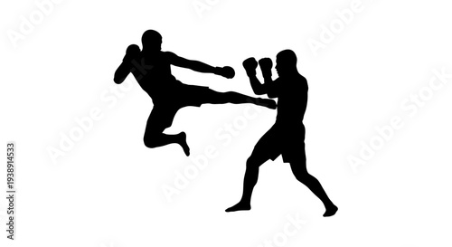 Two Silhouetted Men Engaged in Kickboxing Match.