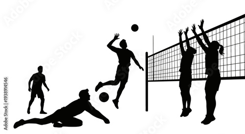 Volleyball Players in Action Silhouette.