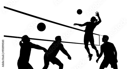 Volleyball players in action silhouetted against light.