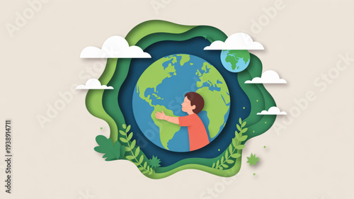 Person caring for the earth eco friendly concept with green planet and nature elements