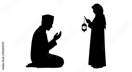 A moment of prayer and reflection between two individuals in traditional attire. Vector, illustration
