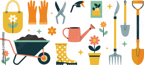 Vibrant Flat Vector Design of Gardening Tools and Spring Plants with Wheelbarrow, Watering Can, Gloves, Boots, Pots, and Flowers