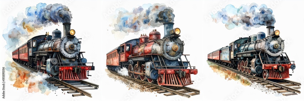 Obraz premium Vintage steam locomotives with smoke billowing from their chimneys traveling on railway tracks classic industrial train illustration isolated on white background