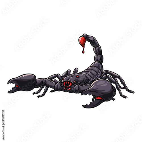 Illustration of a menacing black scorpion with red accents on a white background