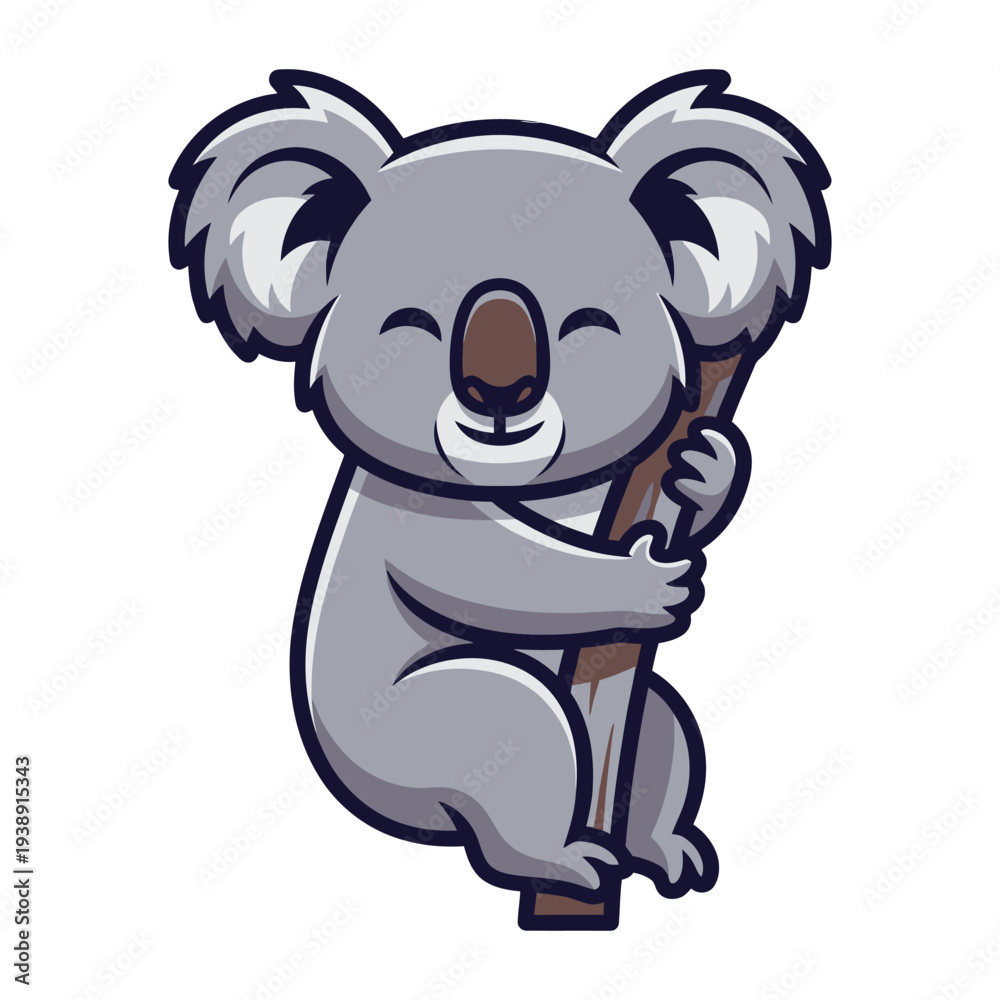 Obraz premium A cute cartoon koala hugging a tree trunk with a happy face on a white background