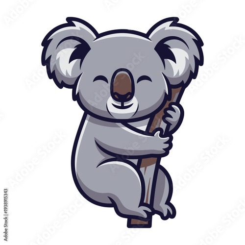 A cute cartoon koala hugging a tree trunk with a happy face on a white background