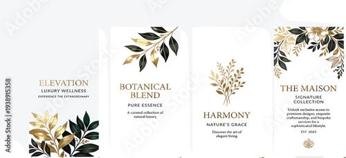 Elegant brochure templates featuring botanical designs and luxury branding elements on white backgrounds displayed from a front viewpoint