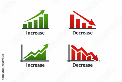 Increase and decrease chart icon set. Financial analytic graph symbol for business data. Vector illustration of growth and decline diagram. Profit and loss infographic element.