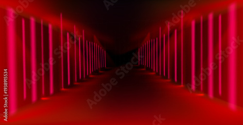 Abstract red neon arrow light glow background. Futuristic cyber laser line motion banner for casino. Dynamic techno perspective beam 3d graphic design. Cool party power