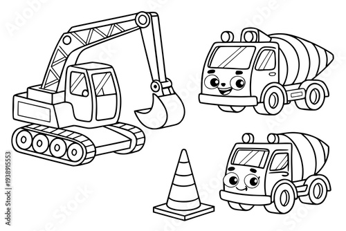 Construction Vehicles Coloring Page for Kids - Excavator, Crane, Truck Line Art