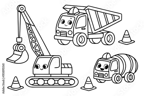 Construction Vehicles Coloring Page for Kids - Excavator, Crane, Truck Line Art