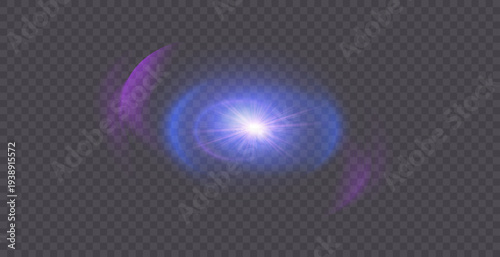 Light effect. Abstract purple star flash of light and laser beams with glitter. Isolated on transparent background. Art and web design vector