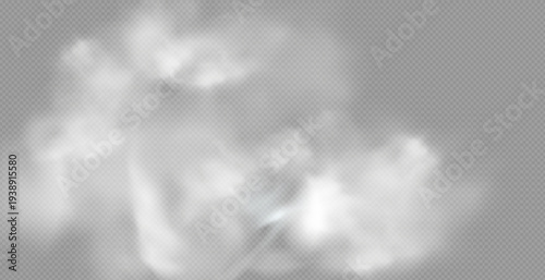 Realistic white fluffy clouds with fog or light smoke effect on a transparent background. Misty atmosphere element for overlaying on images, dramatic scenes or weather visual effects.