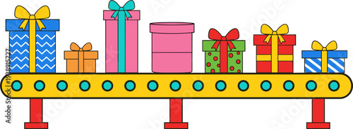 Gift Boxes on Conveyor Belt Vector Illustration Showing Factory Production Line with Wrapped Presents for Holiday Packaging and Delivery Concept