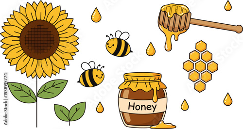 Honey and Beekeeping Elements Vector Illustration Featuring Sunflower, Bees, Honey Jar, Honeycomb and Dripping Honey for Natural Food and Organic Design