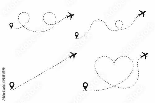 Airplane route with dotted flight path. Flying plane symbol with twisted, curved, straight and heart shape dashed trace path. Transparent png and vector ...