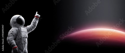 Astronaut Points Toward Glowing Planet Horizon in Space Exploration Scene