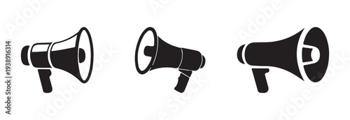 Set of three different black and white megaphone icons for announcement and communication