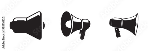 Collection of three different megaphone icons showcasing various modern flat design styles for promotion