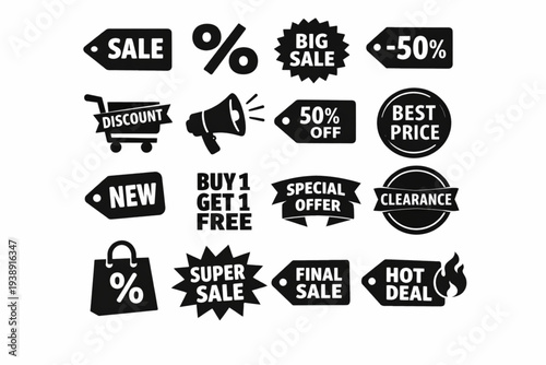 Hand drawn black and white sale icons set with hands writing prices, discounts, and special offers on chalkboards and tags in a sketch style, isolated on a white background