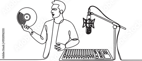 A music producer is responsible for creating, organizing, and coordinating all aspects of a musical production. A man holding a record. Next to him is a microphone for recording and a mixing console