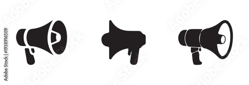 Group of three different design black silhouette icons for megaphone bullhorn emphasizing loud vocal communication broadcast